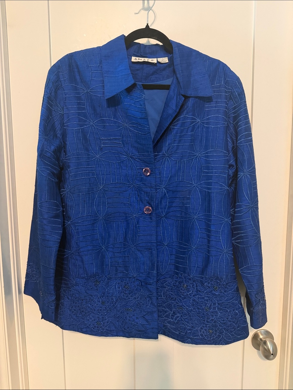 Anage 100% Silk Vintage 90s Cobalt Blue Embroidered & Beaded Button-Front Jacket